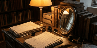 Antique wooden desk with handwritten manuscripts, inkwells, quills, and a glowing table lamp.
