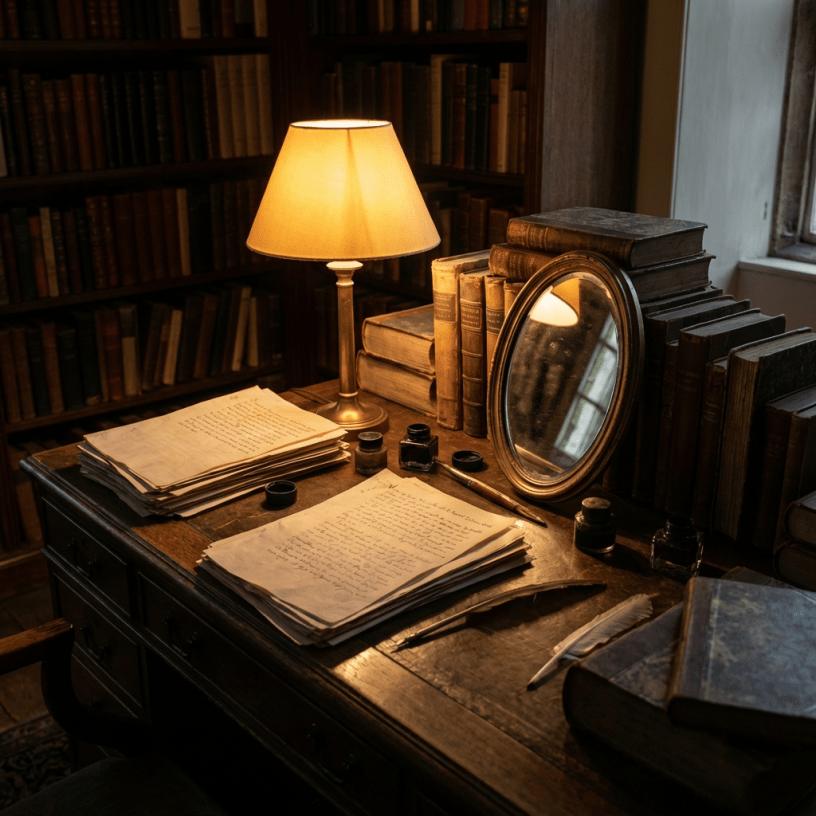 Antique wooden desk with handwritten manuscripts, inkwells, quills, and a glowing table lamp.