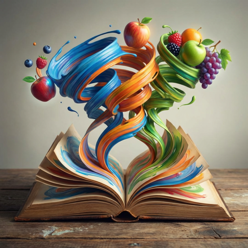 Open book with colorful swirls of paint rising and forming various fruits